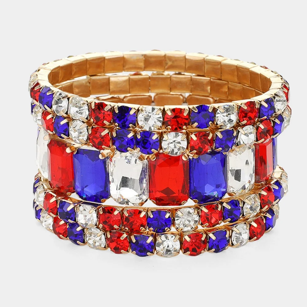 Colorful Emerald Cut Crystal Wide Stretch Bracelet 5 Pcs Bling 1.75 Inches